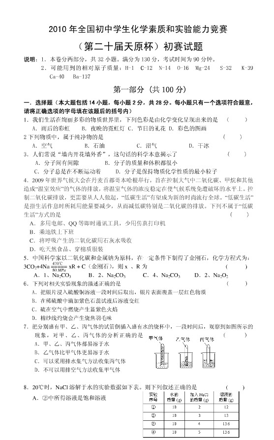 2010年上海天原杯化学竞赛初赛试题及答案