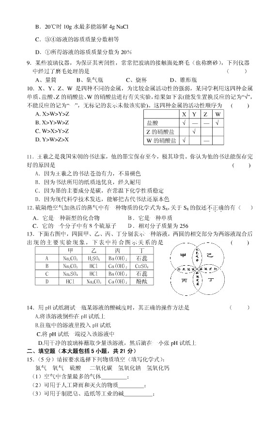 2010年上海天原杯化学竞赛初赛试题及答案