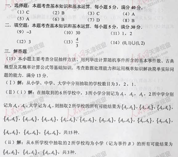2012天津高考数学(文科)试题答案