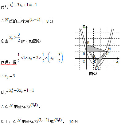 ①当 时，如图①，       此时   点的坐标为 ．	8分 ②当 时，如图② 同理可得    此时   点 的坐标为 ． 综上，点 的坐标为 或 ．	10分