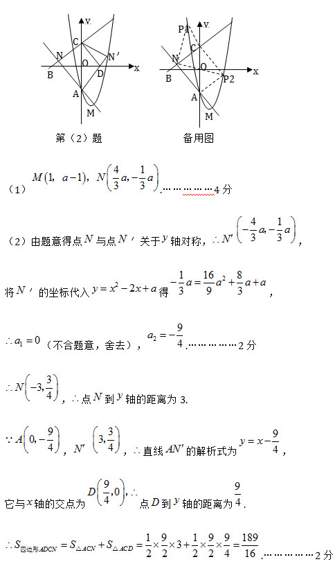 （3）当点 在 轴的左侧时，若 是平行四边形，则 平行且等于 ，  把 向上平移 个单位得到 ，坐标为 ，代入抛物线的解析式， 得：   （不舍题意，舍去）， ， .……………2分 当点 在 轴的右侧时，若 是平行四边形，则 与 互相平分，  ．  	与 关于原点对称， ， 将 点坐标代入抛物线解析式得： ，  （不合题意，舍去）， ， ．……………2分  存在这样的点 或 ，能使得以 为顶点的四边形是平行四边形．