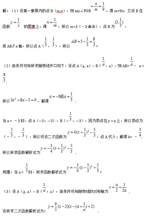 解：（1）设第一象限内的点B（m,n），则tan∠POB ，得m=9n，又点B在函数 	的图象上，得 ，所以m=3（－3舍去），点B为 ，
而AB∥x轴，所以点A（ ， ），所以 ；
（2）由条件可知所求抛物线开口向下，设点A（a , a），B（ ，a），则AB= － a =  ,
所以 ，解得  .
当a = －3时，点A（―3，―3），B（― ，―3），因为顶点在y = x上，所以顶点为（－ ，－ ），所以可设二次函数为 ，点A代入，解得k= － ,所以所求函数解析式为  .
同理，当a =  时，所求函数解析式为 ；
（3）设A（a , a），B（ ，a），由条件可知抛物线的对称轴为  .
设所求二次函数解析式为：  .

