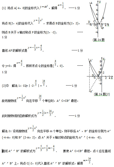(1) 将点A(-4，8)的坐标代入 ，解得 ．	……1分 将点B(2，n)的坐标代入 ，求得点B的坐标为(2，2)， 则点B关于x轴对称点P的坐标为(2，-2)．		 	　……1分 直线AP的解析式是 ．			 		　……1分 令y=0，得 ．即所求点Q的坐标是( ，0)．		　……1分 (2)①　解法1：CQ=︱-2- ︱= ，			　……1分 故将抛物线 向左平移 个单位时，A′C+CB′最短， 此时抛物线的函数解析式为 ．			……1分 解法2：设将抛物线 向左平移m个单位，则平移后A′，B′的坐标分别为A′(-4-m，8)和B′(2-m，2)，点A′关于x轴对称点的 坐标为A′′(-4-m，-8)． 直线A′′B′的解析式为 ．	要使A′C+CB′最短，点C应在直 线A′′B′上，将点C(-2，0)代入直线A′′B′的解析式，解得 ．