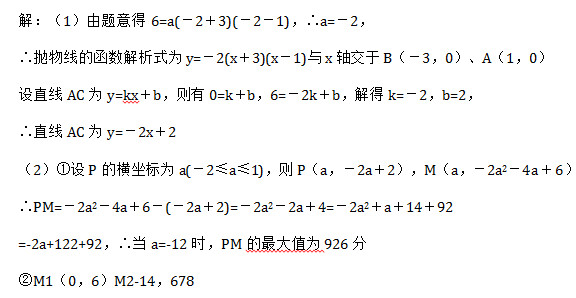 解：（1）由题意得 6=a(－2＋3)(－2－1)，∴a=－2， ∴抛物线的函数解析式为y=－2(x＋3)(x－1)与x轴交于B（－3，0）、A（1，0） 设直线AC为y=kx＋b，则有0=k＋b，6=－2k＋b，解得 k=－2，b=2， ∴直线AC为y=－2x＋2 （2）①设P的横坐标为a(－2≤a≤1)，则P（a，－2a＋2），M（a，－2a2－4a＋6） ∴PM=－2a2－4a＋6－(－2a＋2)=－2a2－2a＋4=－2a2＋a＋14＋92 =-2a+122+92，∴当a=-12时，PM的最大值为926分 ②M1（0，6）M2-14，678 
