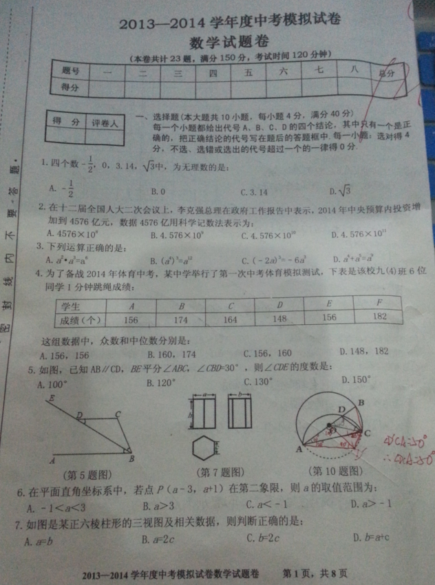 2014年合肥西苑中学中考一模数学试卷(图片版(责编推荐:小学数学)