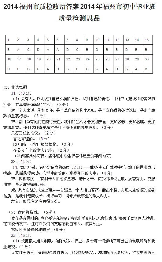 2014福州初中毕业班质量检测思品试卷答案(图