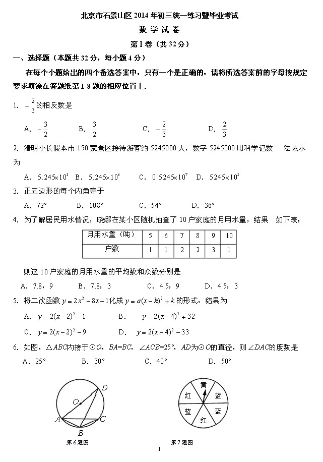2014北京石景山区中考一模数学试卷及答案