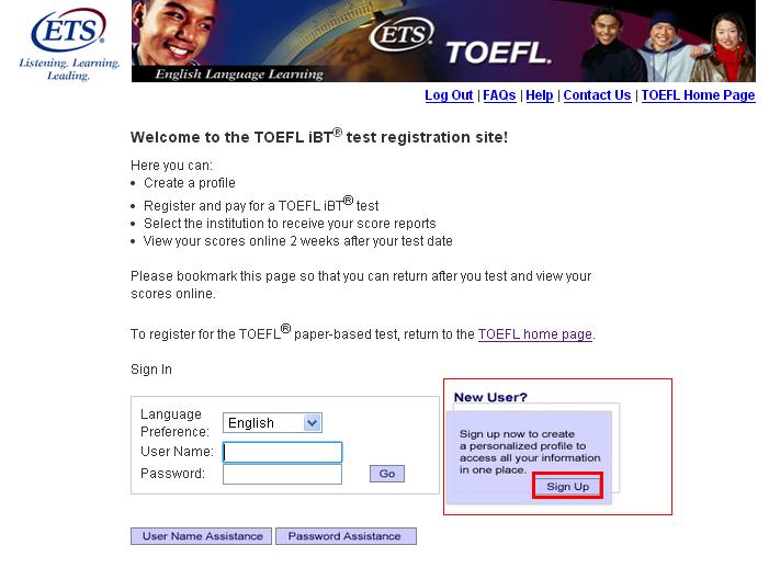 Sign Up进行注册托福报名
