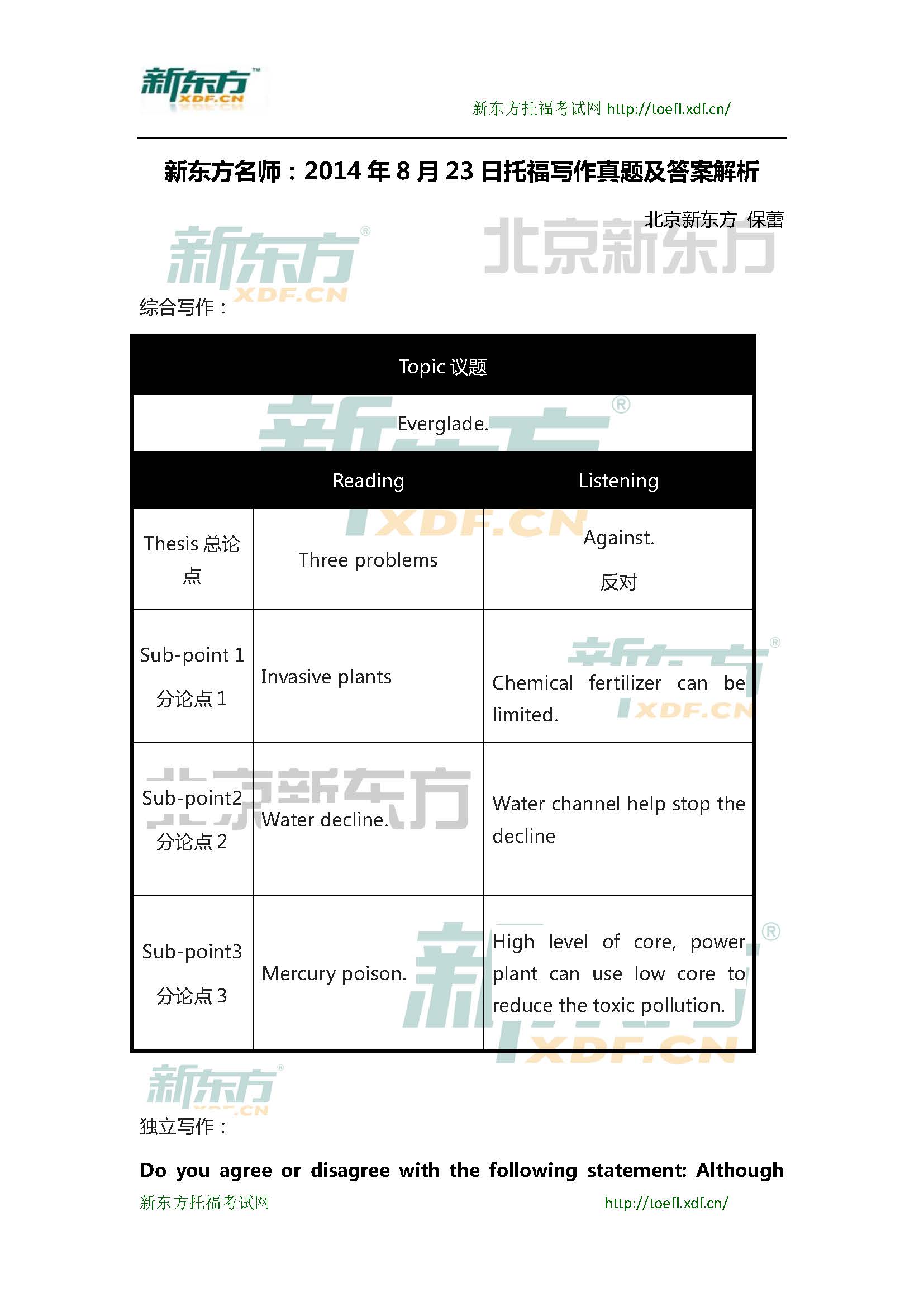 新东方名师：2014年8月23日托福写作真题及答案解析