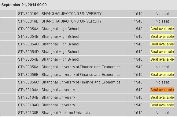 2014年9月21日上海地区托福考位情况
