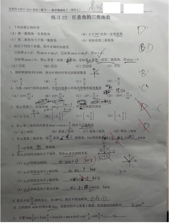 首师大附中高三数学练习:任意角的三角函数_新东方网