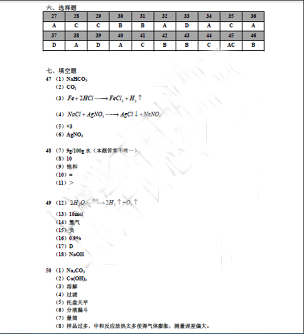 2015上海普陀区初三二模考试化学试卷_答案解