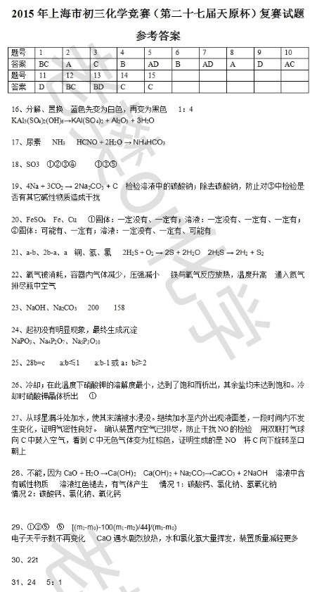 2015上海天原杯化学竞赛复赛试题答案(图片版