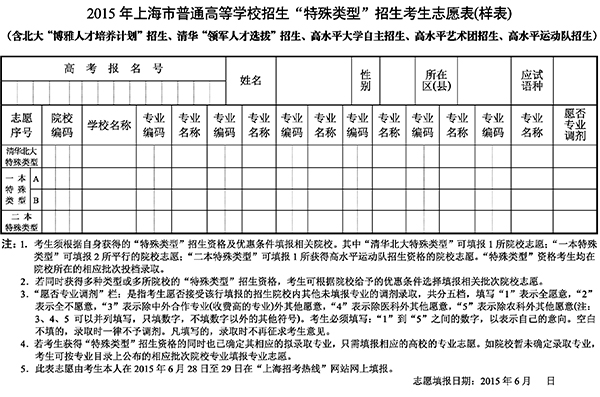 2015上海高考特殊类型招生考生志愿表