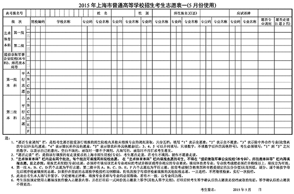 2015上海高考志愿填报表(5月份使用)