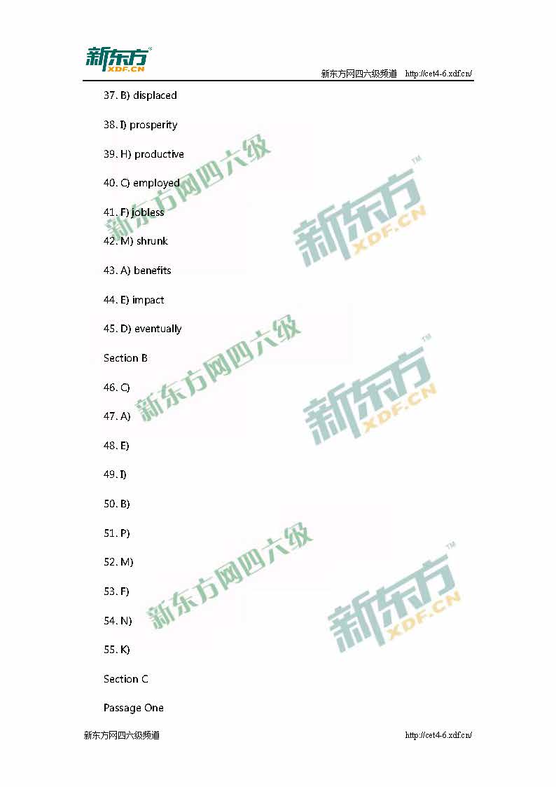 2015年6月大学英语六级考试参考答案（新东方版）