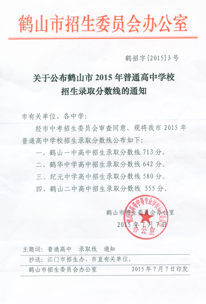 2015鹤山市中考分数线公布