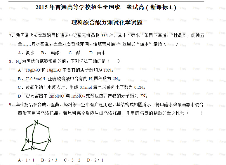 2015高考全国卷1理综试题