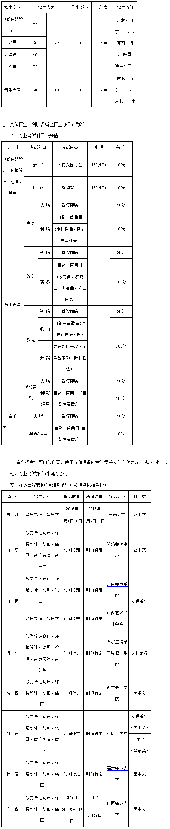 长春大学2016年艺术类招生简章