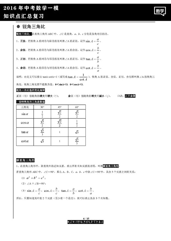2016年上海中考数学卷一模知识点汇总_中考数