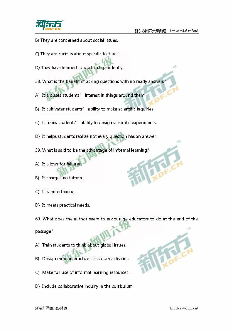 新东方：2015年12月英语六级阅读真题答案解析(卷1)
