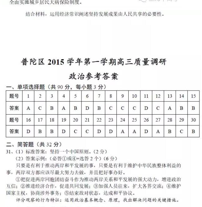 2016年上海普陀区高三一模考试政治试卷及答