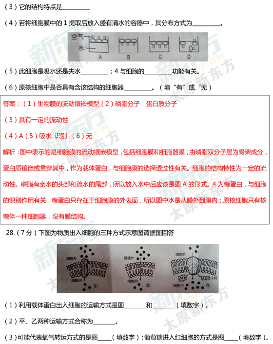 15-16学年第一学期期末考试试卷高一生物试卷答案考点分析