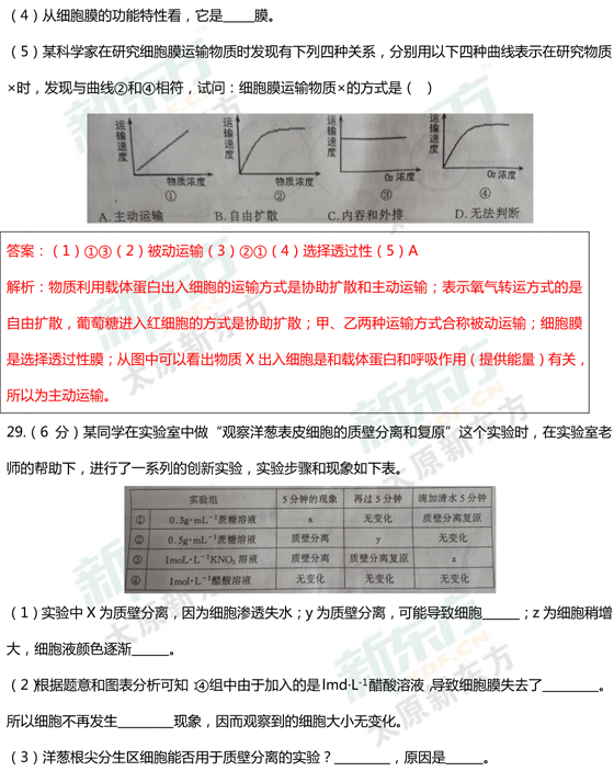 15-16学年第一学期期末考试试卷高一生物试卷答案考点分析