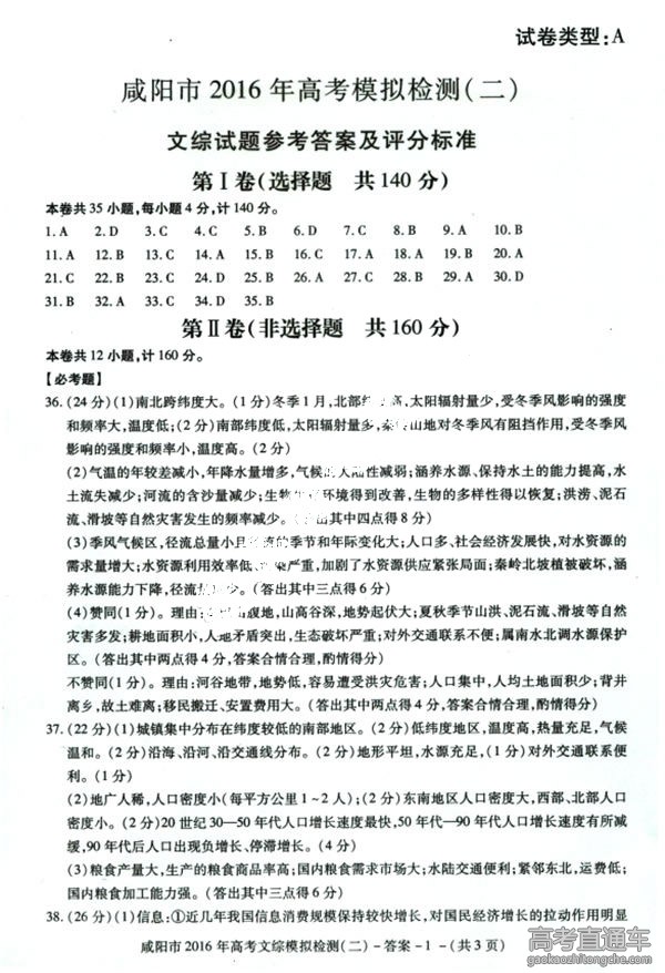 2016咸阳高三二模各科答案(文综)