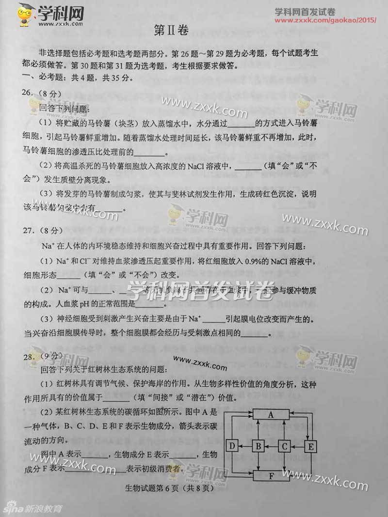 2015海南高考理综生物试题及答案(图片版)