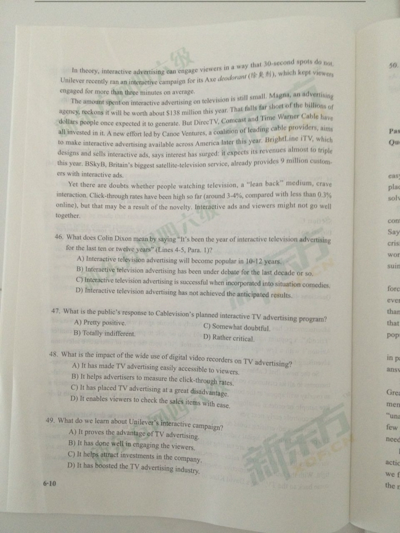 2016年6月英语六级考试真题试卷一完整版