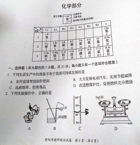 2016资阳中考化学试题及答案图片版