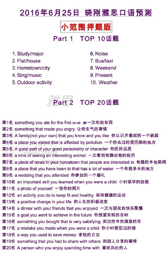 2016年6月25日雅思口语预测小范围版
