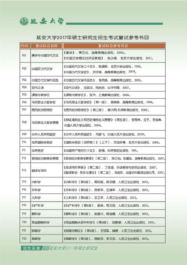 2017年延安大学考研参考书目