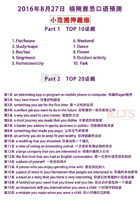 2016年8月27日雅思口语预测小范围版