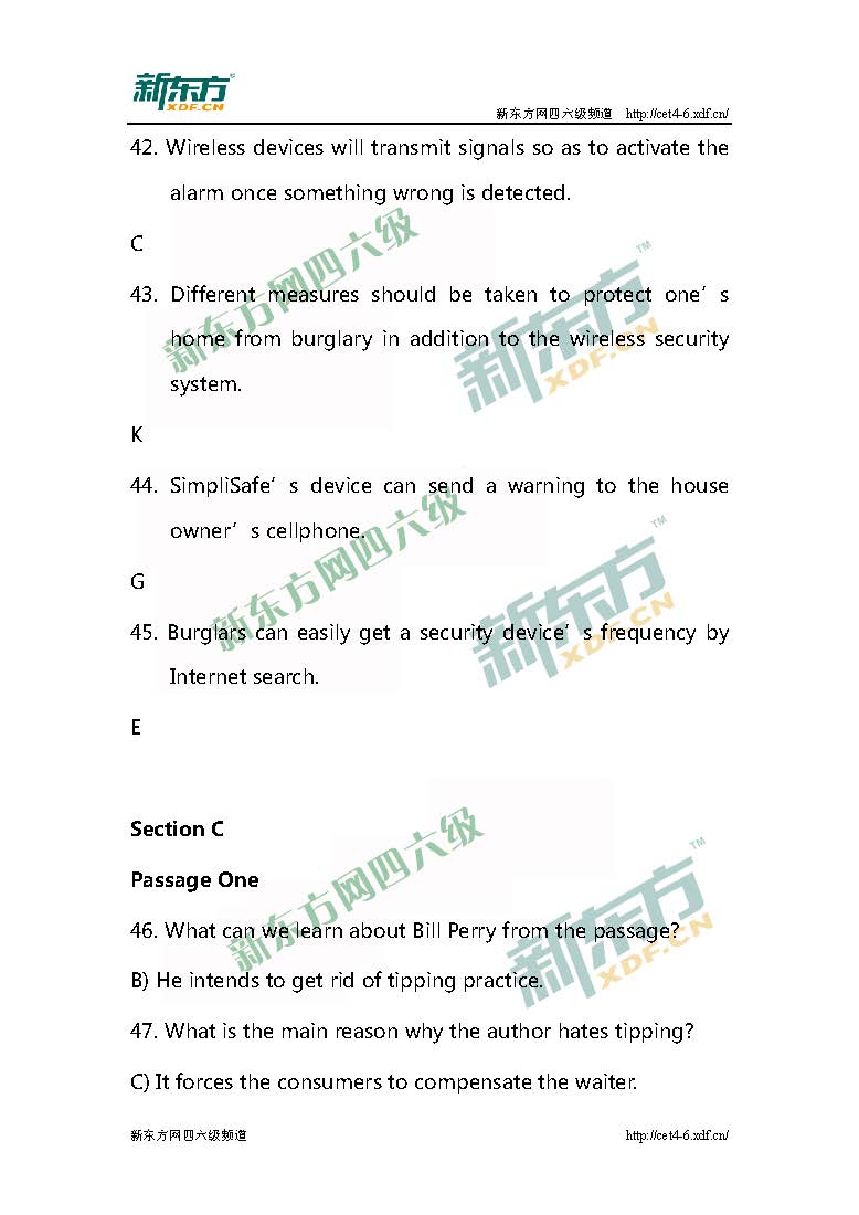 新东方2016年12月英语四级真题答案完整版