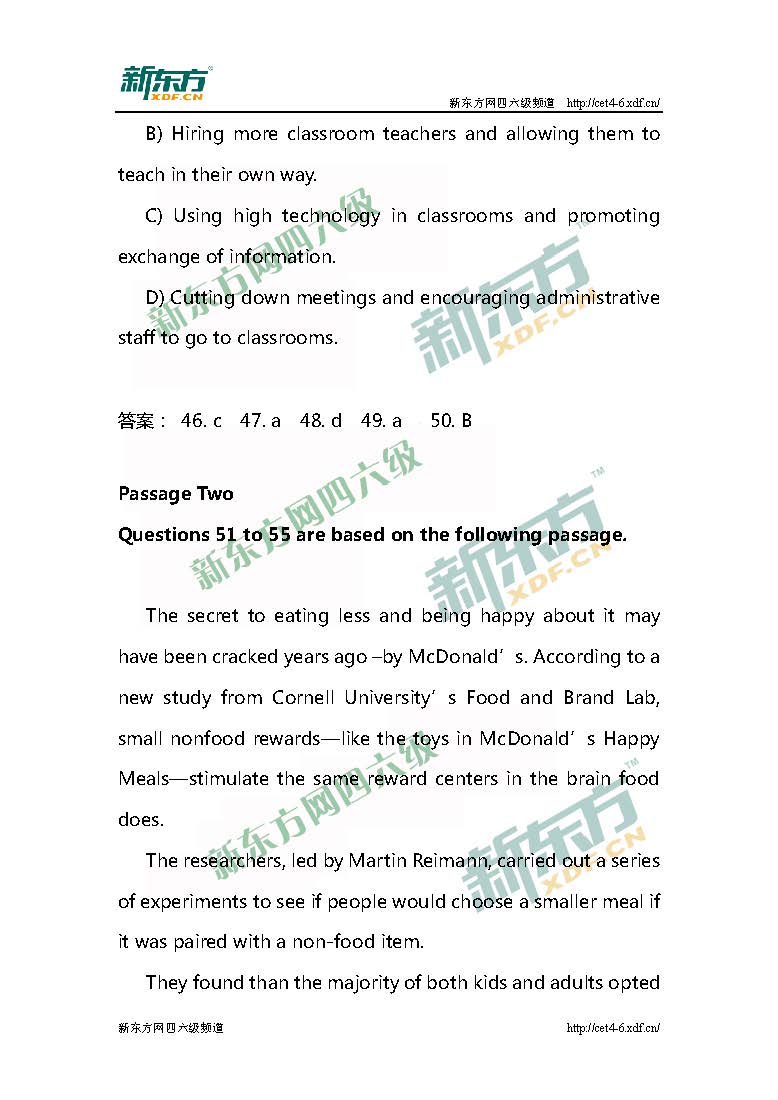 2016年12月四级阅读部分真题答案