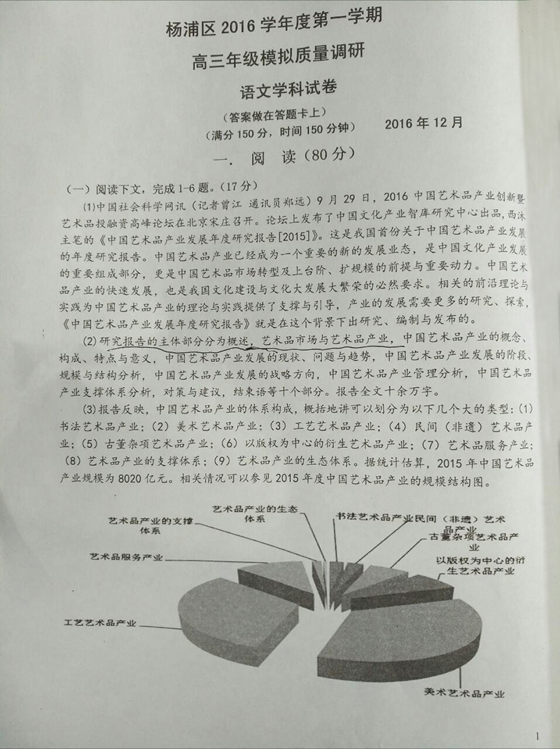 2017年上海楊浦區高三一模考試語文試卷及答案解析