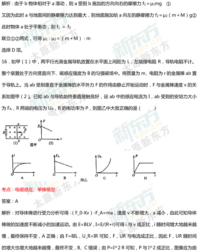 2017年太原市高三模拟考理综物理试题（一）