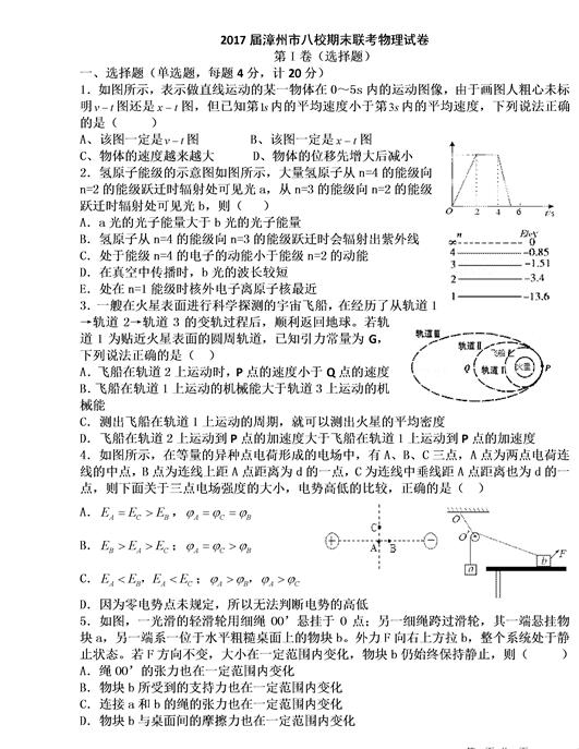 2017福建漳州八校高三期末物理试题及答案