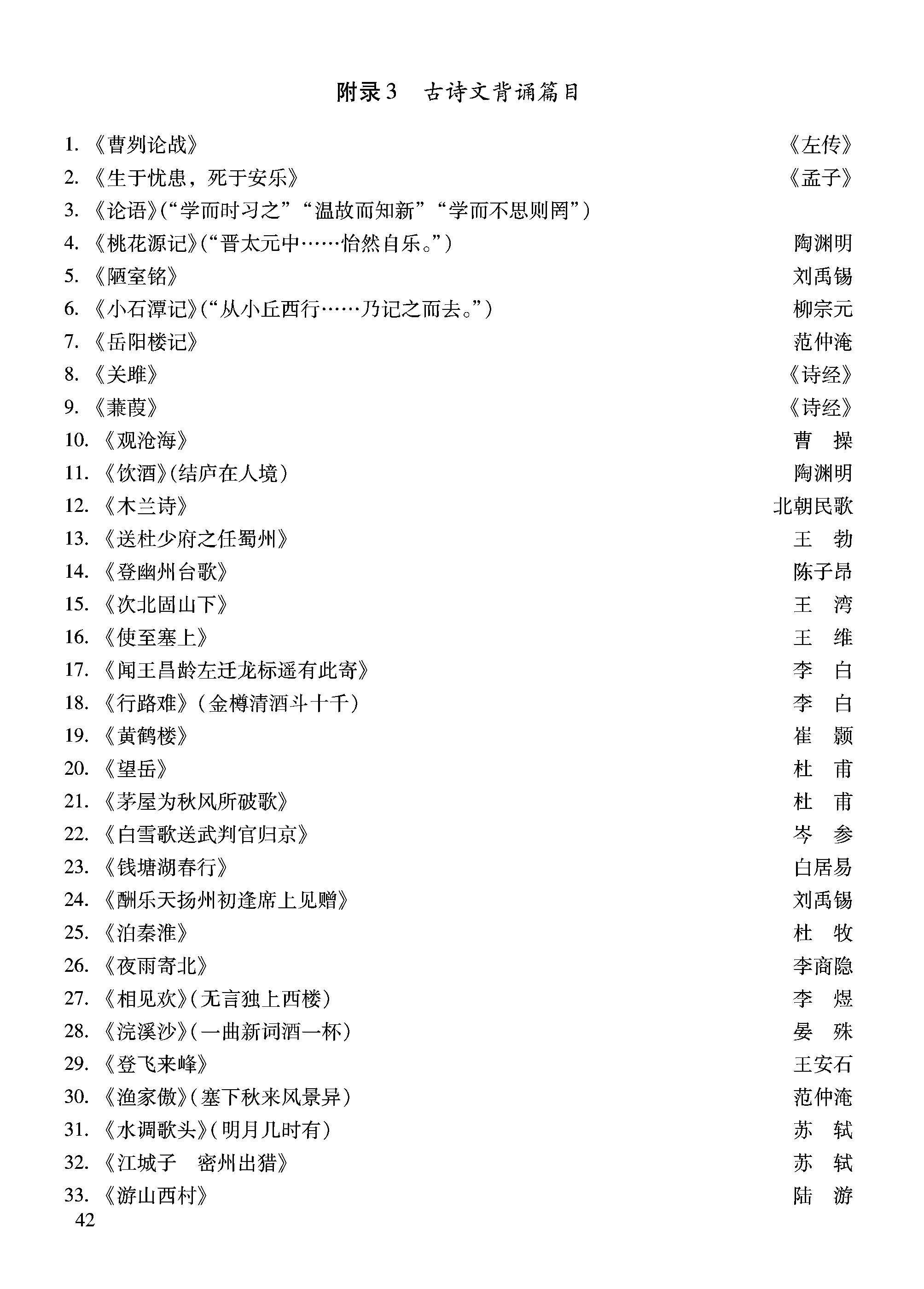2018北京中考语文考试说明附录:古诗文背诵篇