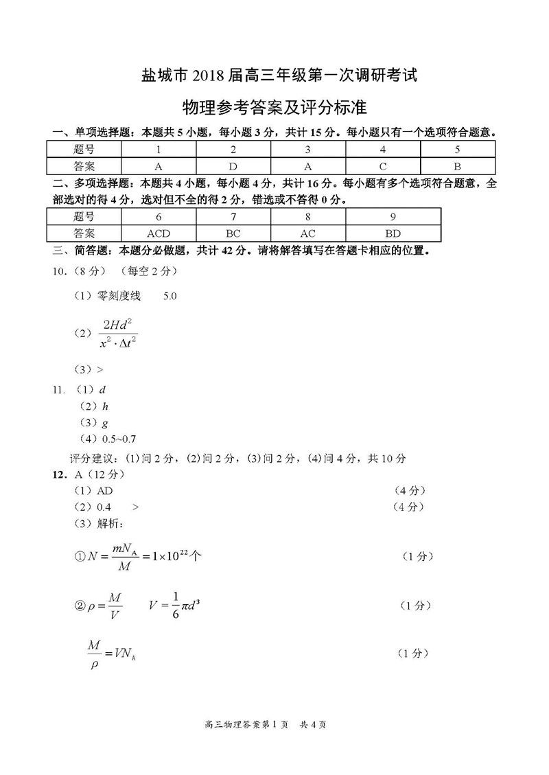 2018江苏南京高三一模物理试卷答案