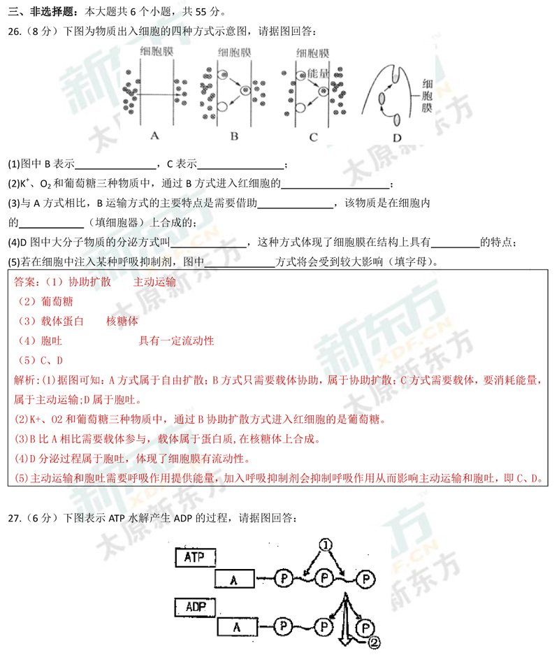 17-18学年第一学期期末考试高一生物试卷答案考点分析