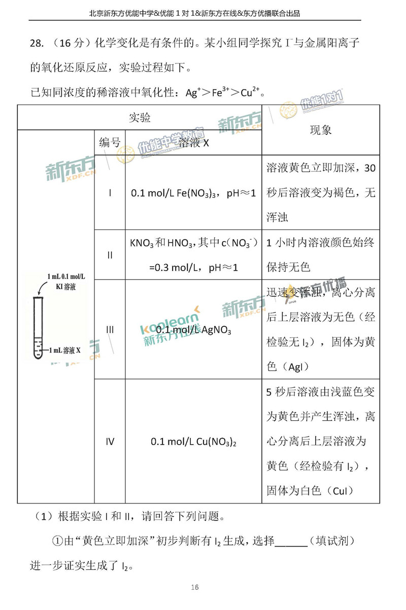 新东方:2018东城一模高三理综试卷答案逐题解