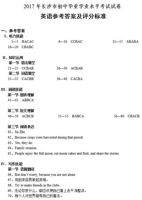 2017年长沙中考英语真题试卷及答案（三） 