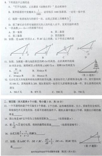 2015长沙中考数学