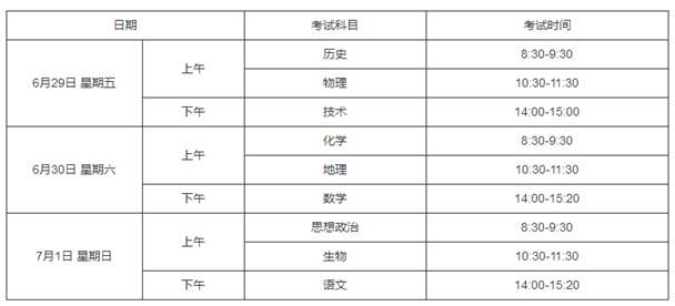 2018年6月浙江普通高中学业水平考试时间：6月29日-7月1日