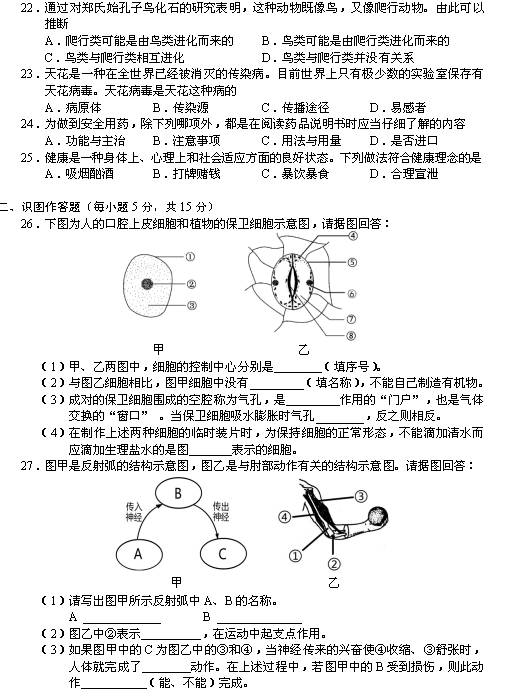 2016年长沙中考生物真题试卷（一）