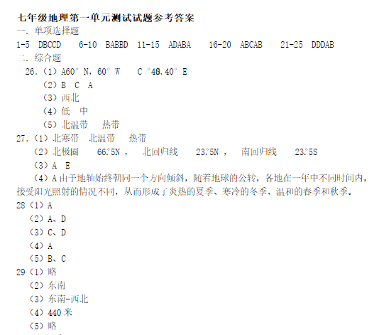 初一地理上册第一单元测试卷（三)