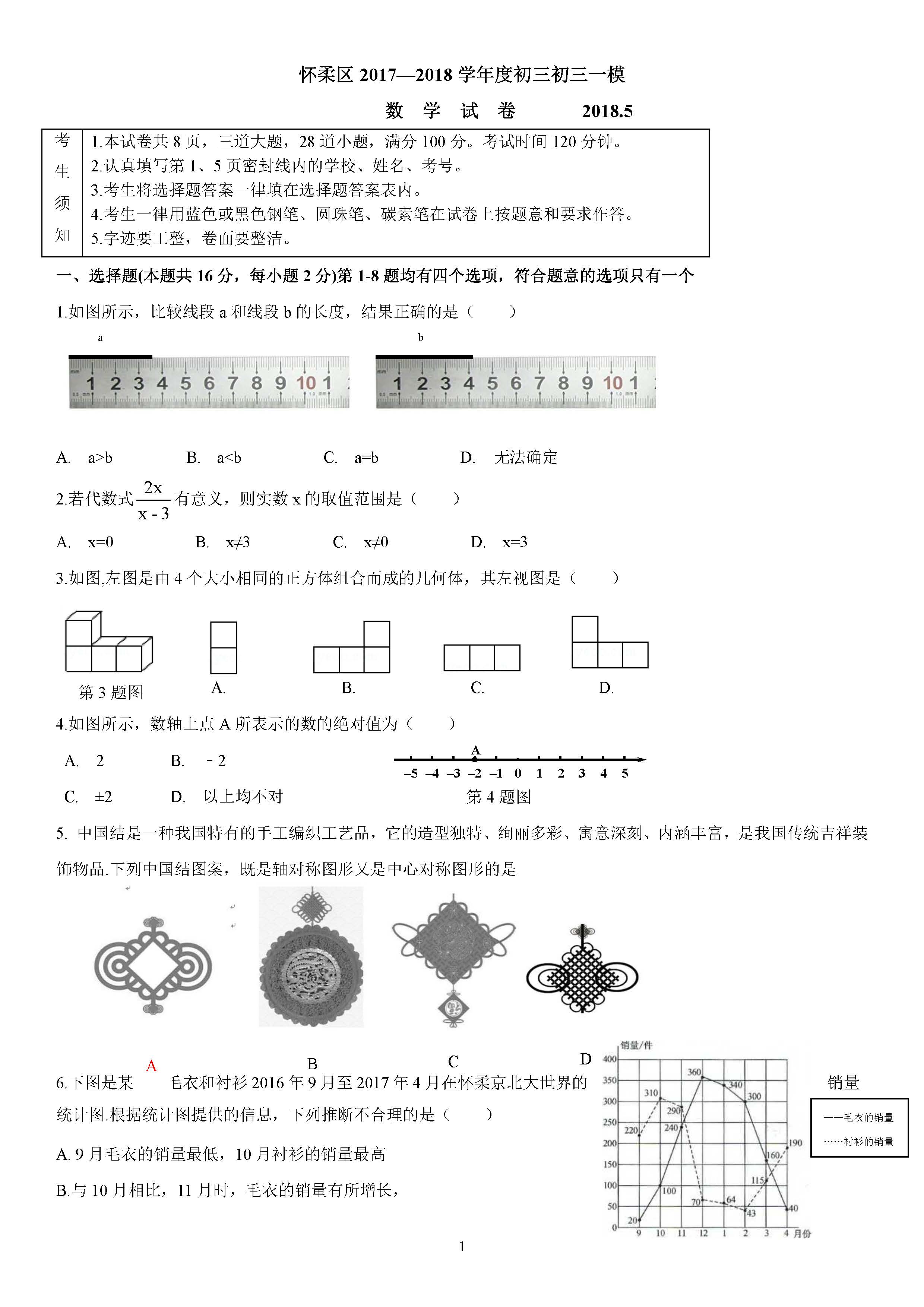 2018怀柔中考一模数学试题及答案解析(图片版